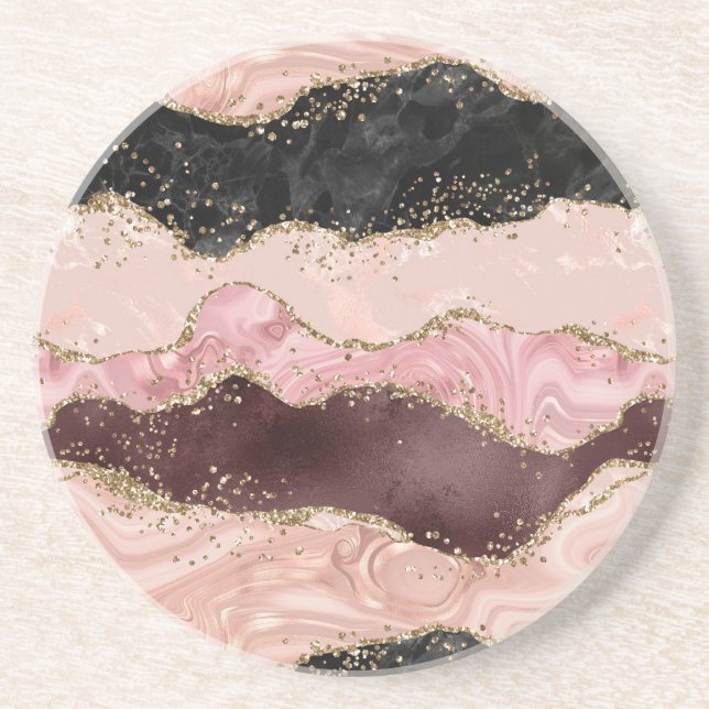 Blush Pink Burgundi Gold Black Glitzer Getränkeuntersetzer (Vorne)