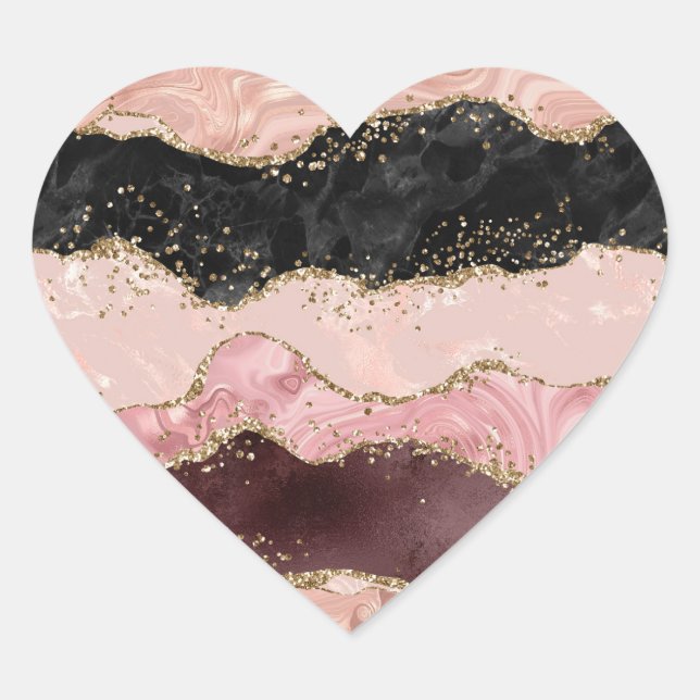 Blush Pink Burgundi Gold Black Glitzer Herz-Aufkleber (Vorderseite)