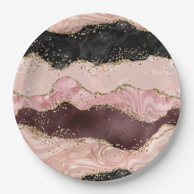 Blush Pink Burgundi Gold Black Glitzer Pappteller (Vorderseite)