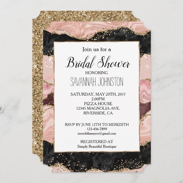 Blush Pink Burgundy Black Glitzy Brautparty Einladung (Vorne/Hinten)