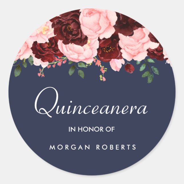 Blush Pink Burgundy Bloral Navy Blue Quinceanera Runder Aufkleber (Vorderseite)