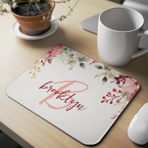 Blush Pink Burgundy Bloral Script Monogram