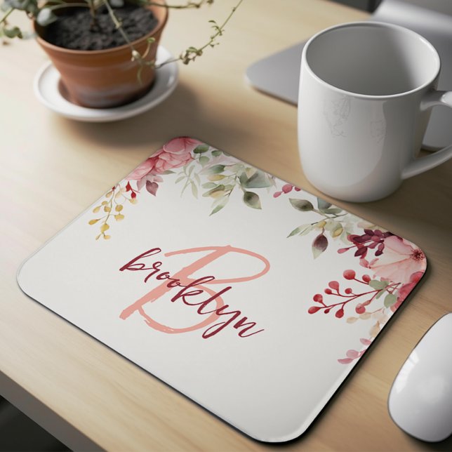Blush Pink Burgundy Bloral Script Monogram Mousepad (Von Creator hochgeladen)