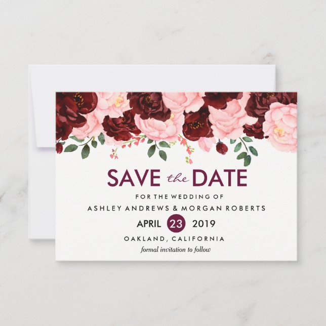 Blush Pink Burgundy Blume Hochzeit speichern das D Save The Date (Vorderseite)