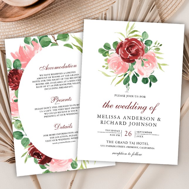 Blush Pink Burgundy Floral All in one Wedding Einladung (Von Creator hochgeladen)