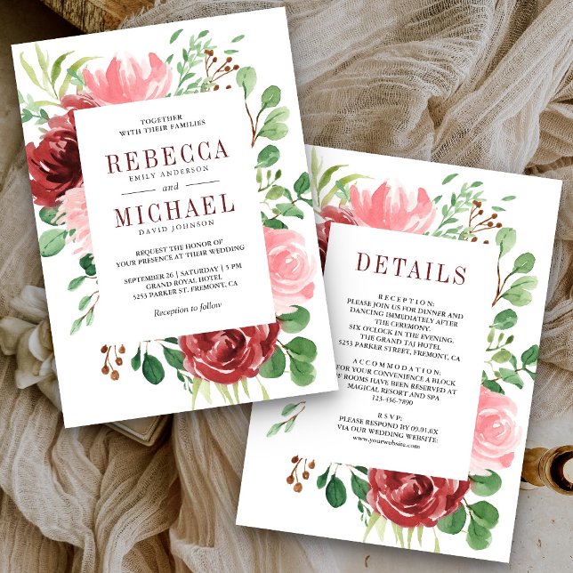 Blush Pink Burgundy Floral All in one Wedding Einladung (Von Creator hochgeladen)
