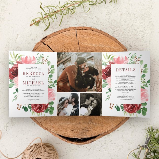 Blush Pink Burgundy Floral Foto Collage Hochzeit Dreifach Gefaltete Einladung (Von Creator hochgeladen)