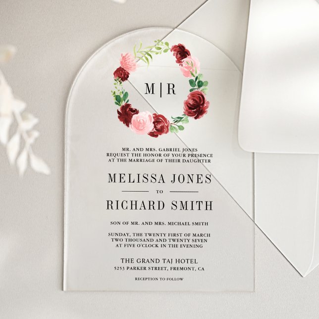 Blush Pink Burgundy Floral Navy Blue Wedding Acryleinladungen (Von Creator hochgeladen)