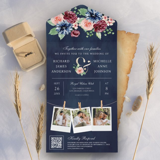 Blush Pink Burgundy Floral QR Code Navy Hochzeit All In One Einladung (Von Creator hochgeladen)