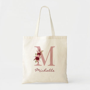 Blush Pink Burgundy Letter M Floral Tragetasche