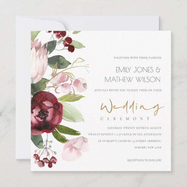 BLUSH PINK BURGUNDY PROTEA PEONY FLORAL WEDD EINLADUNG (Vorderseite)