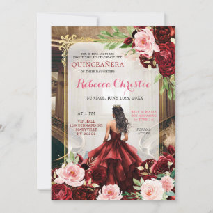 Blush Pink Burgundy Rote Floral Quinceañera Einladung