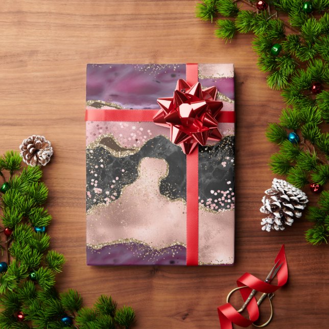 Blush Pink Burgundy Wine Gold Schwarzer Glitzer Geschenkpapier (Feiertagsgeschenk)