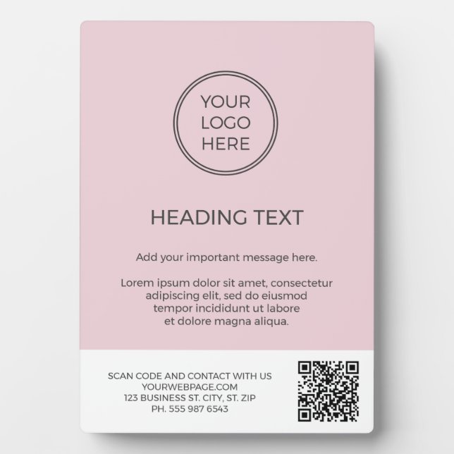 Blush Pink Business-Logo QR-Code Schilder Plaque Fotoplatte (Vorderseite)