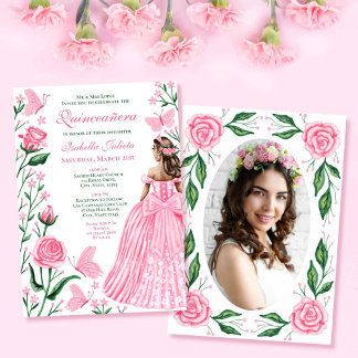 Blush Pink Butterfets Prinzessin Foto Quinceanera Einladung