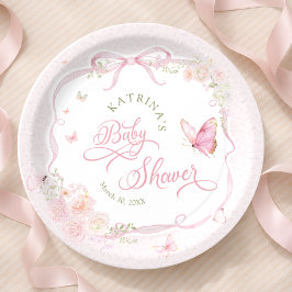 Blush Pink Butterfly Floral Girl Baby Shower Pappteller