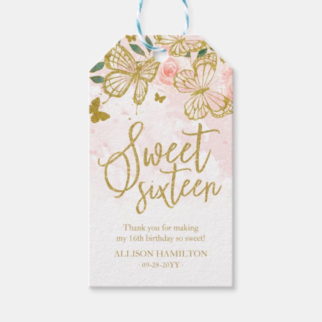 Blush Pink Butterfly Floral Quinceanera Party Gesc Geschenkanhänger (Vorderseite)