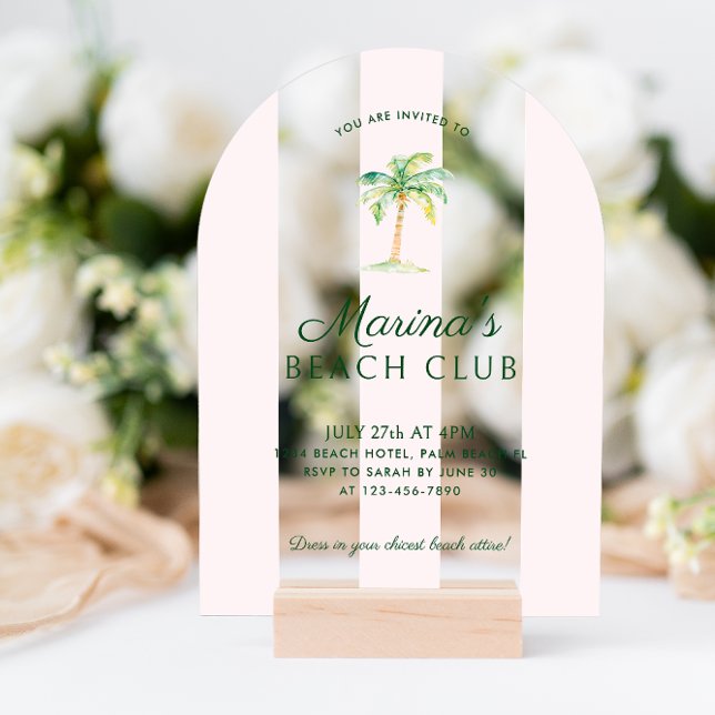 Blush Pink Cabana Stripes Beach Club Acryleinladungen (Von Creator hochgeladen)