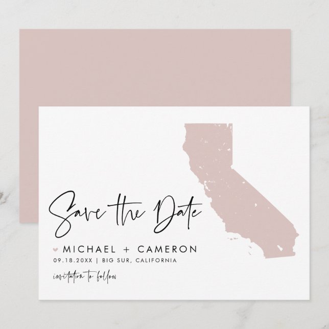 Blush Pink California Map Modernes Minimalistische Save The Date (Vorne/Hinten)