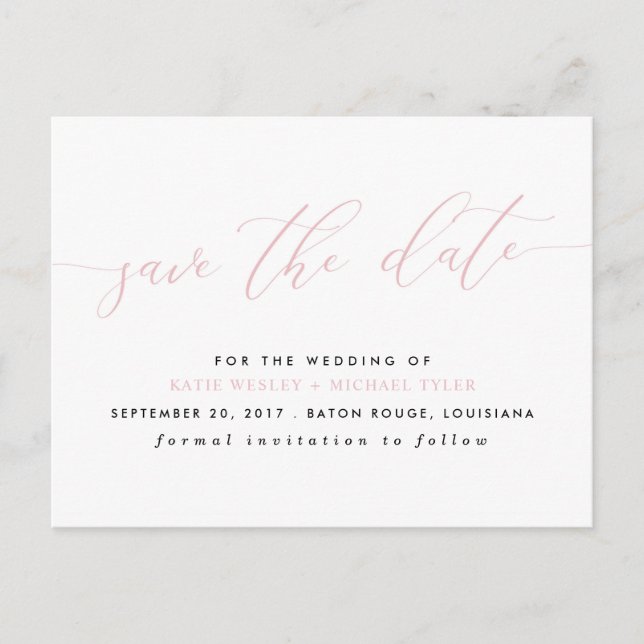 Blush Pink Calligraphy Modern Save the Date Ankündigungspostkarte (Vorderseite)