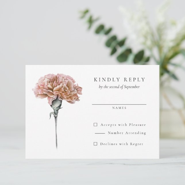Blush Pink Carnation Wedding RSVP Antwort (Stehend Vorderseite)