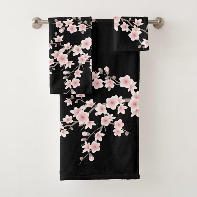BLUSH Pink Cherry Blossom Black Badhandtuch Set (Insitu)