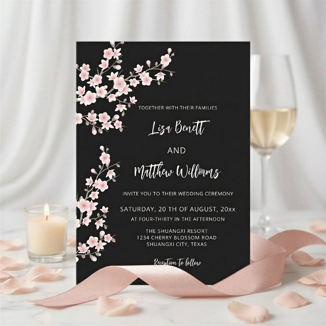 Blush Pink Cherry Blossom Black Einladung (Von Creator hochgeladen)