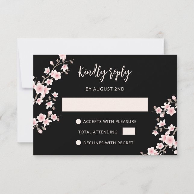 Blush Pink Cherry Blossom Black RSVP Karte (Vorderseite)
