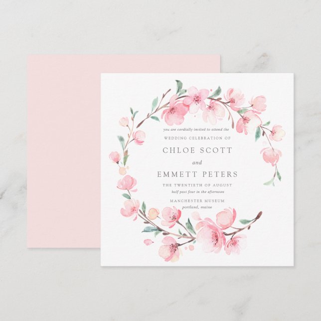 Blush Pink Cherry Blossom Blumenrahmen Hochzeit Einladung (Vorne/Hinten)