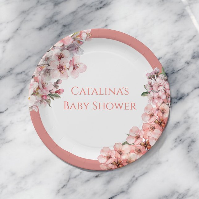 Blush Pink Cherry Blossom Elegant Babydusche Pappteller (Von Creator hochgeladen)