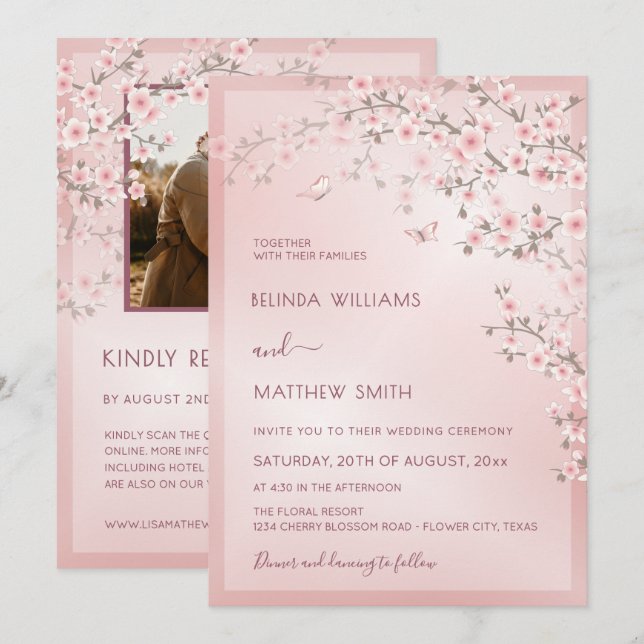 Blush Pink Cherry Blossom Photo Wedding Einladung (Vorne/Hinten)