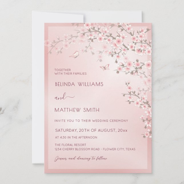 Blush Pink Cherry Blossom Wedding Einladung (Vorderseite)