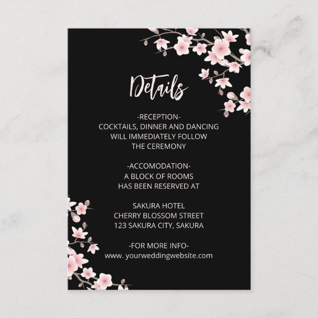 Blush Pink Cherry Blossoms Black Wedding Details Begleitkarte (Vorderseite)