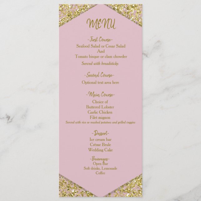 Blush Pink Chic Gold Glitzer Flakes Glam Wedding Menükarte (Vorderseite)