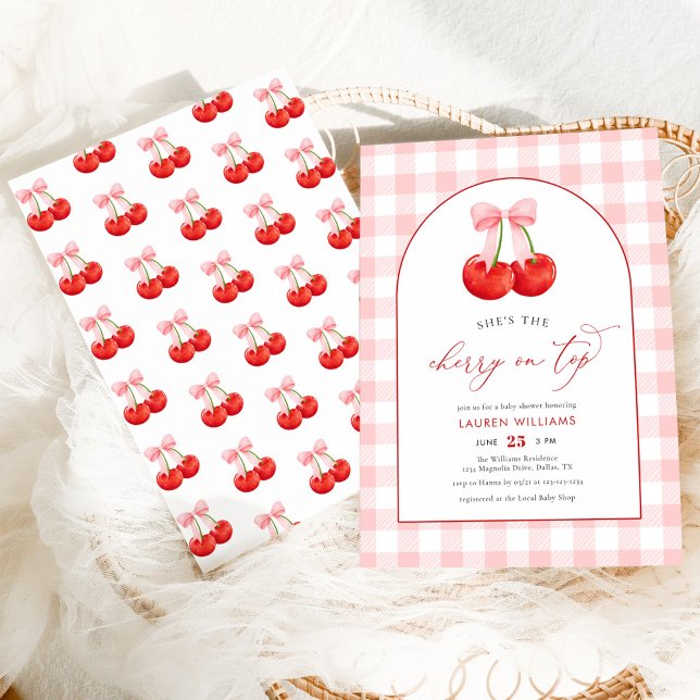 Blush Pink Coquette Cherry auf Top Baby Girl Dusch Einladung (Von Creator hochgeladen)