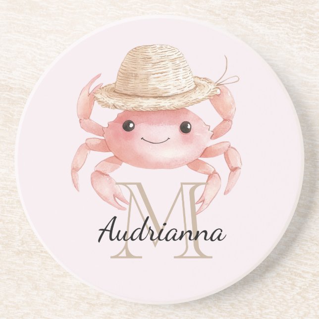 Blush Pink Crab with Hat Monogram Getränkeuntersetzer (Vorne)