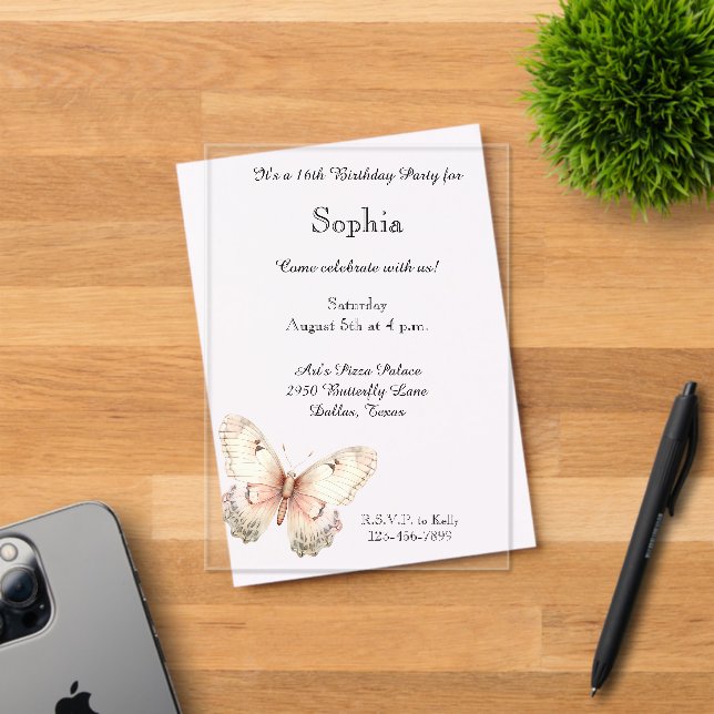 Blush Pink Cream Butterfly Birthday  Acryleinladungen (Insitu (Einladungskarte))