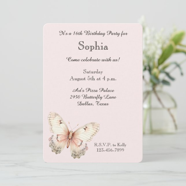 Blush Pink Cream Butterfly Birthday  Einladung (Stehend Vorderseite)