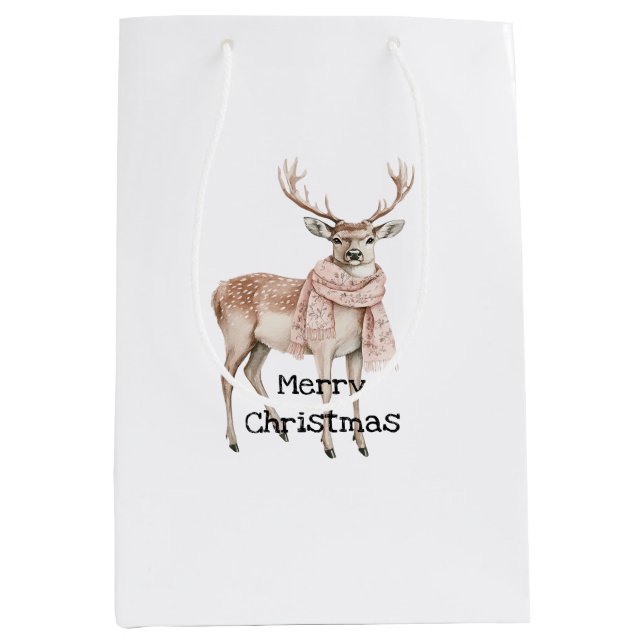Blush Pink Cream Deer Christmas Mittlere Geschenktüte (Vorderseite)