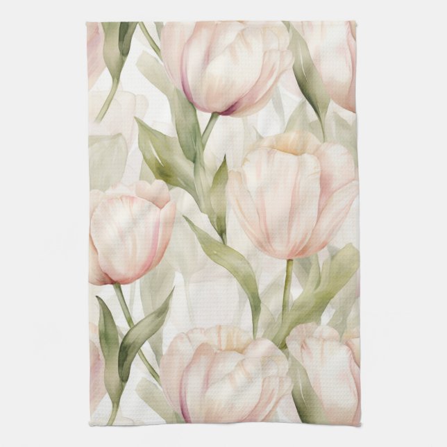 Blush Pink Creme Tulips Brautparty Geschirrtuch (Vertikal)