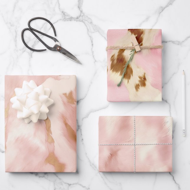 Blush Pink Creme White Gold Cowhide Geschenkpapier Set (Vorderseite)