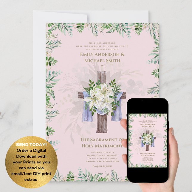 Blush Pink Cross Katholic Nuptial Mass Wedding Einladung (Von Creator hochgeladen)