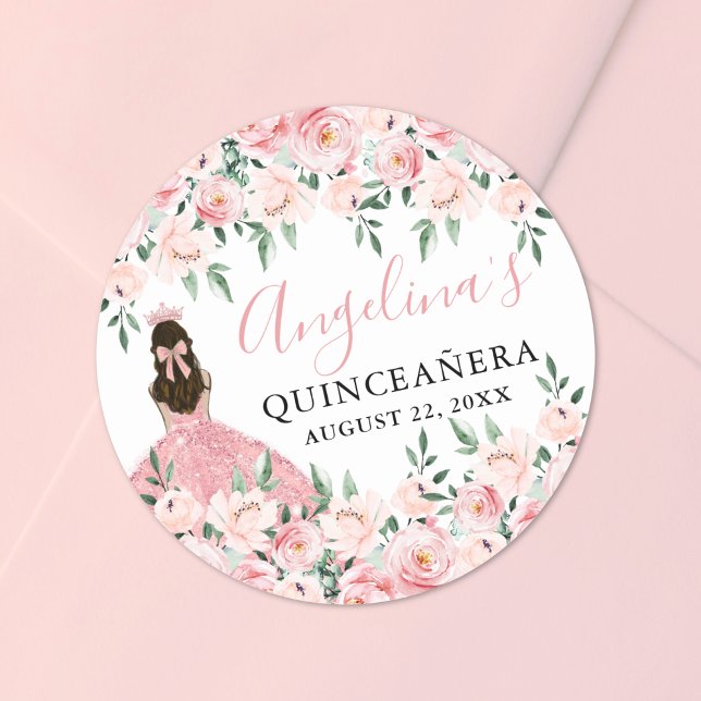 Blush Pink Crown Floral Quinceanera Runder Aufkleber (Blush Pink Crown Floral Quinceanera Classic Round Sticker )