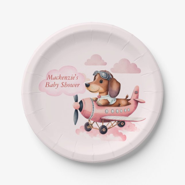 Blush Pink Dackel Flugzeug Babydusche Pappteller (Vorderseite)