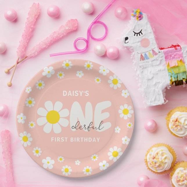 Blush Pink Daisy OneDerful 1. Geburtstag Party Pappteller (Party)