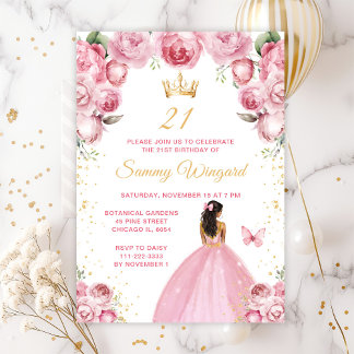 Blush Pink Dark Skin Princess Birthday Party Einladung