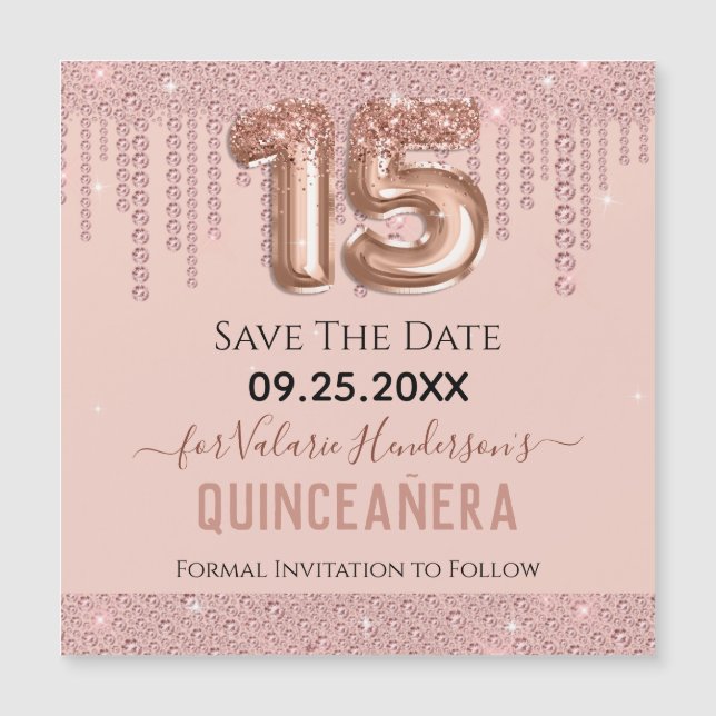Blush Pink Diamond Quinceanera Save the Date Magnetkarte (Vorderseite)