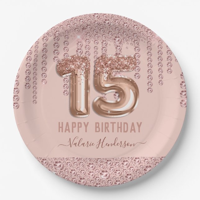 Blush Pink Diamond Tropfen Happy 15. Geburtstag Pappteller (Vorderseite)