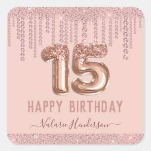 Blush Pink Diamond Tropfen Happy 15. Geburtstag Quadratischer Aufkleber