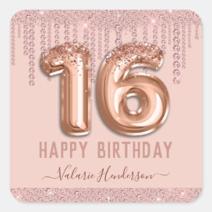 Blush Pink Diamond Tropfen Happy 16. Geburtstag Quadratischer Aufkleber